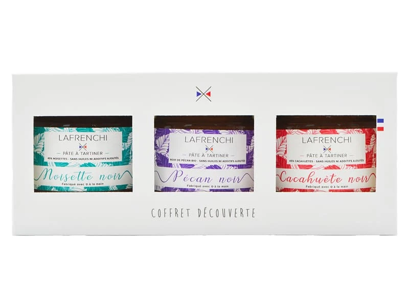 Coffret Pâte à Tartiner Chocolat Noir - Noisette, Pécan, Cacahuète - 3 X 100 G - Lafrenchi 1 Coffret Pâte à Tartiner Chocolat Noir - Noisette, Pécan, Cacahuète - 3 X 100 G - Lafrenchi